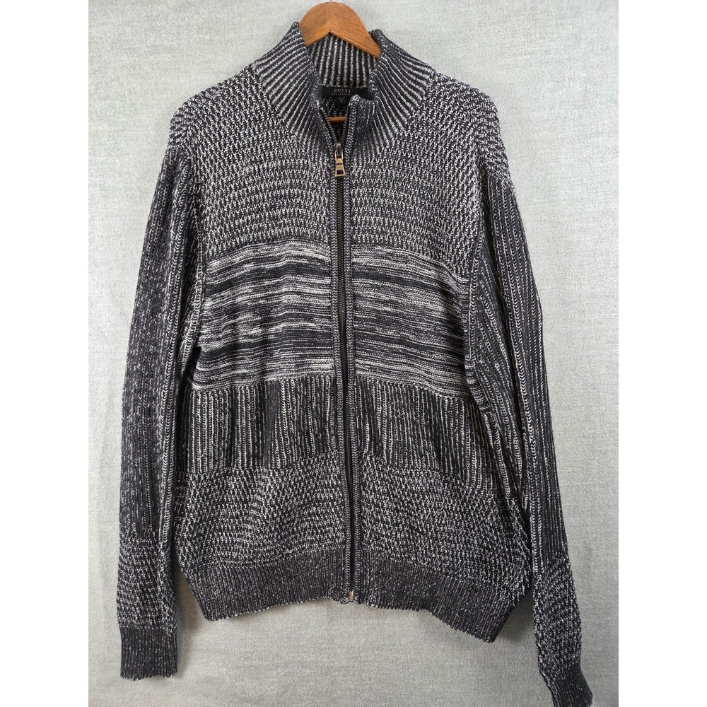 Guess Cardigan Sweater Mens XL Full Zip Career Black Designer Cable Knit Preppy